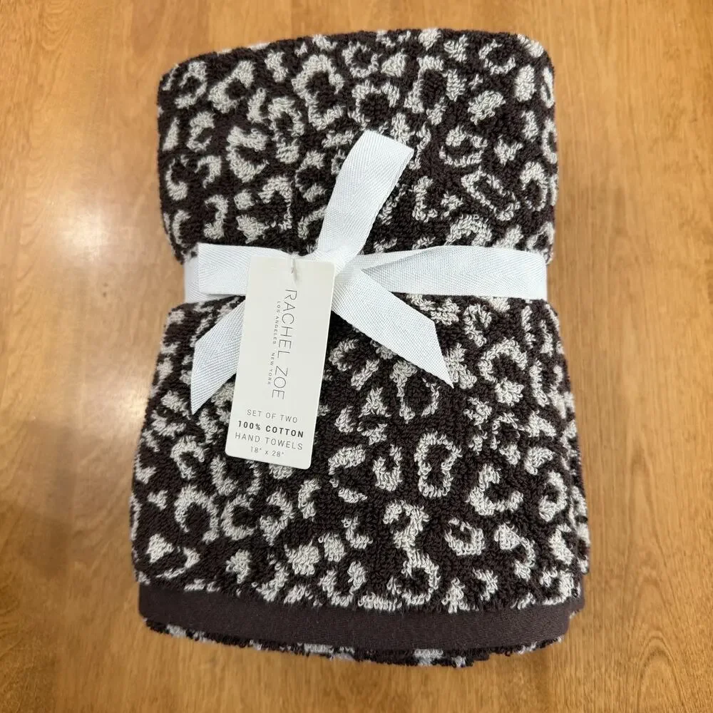 Rachel Zoe Leopard Cheetah Animal Print Hand Towel Set of 2 Brown Beige 18 x 28
